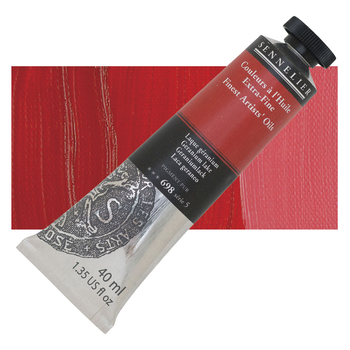 Sennelier Artists' Extra Fine Oil Paint - Geranium Lake, 40 ml tube and swatch