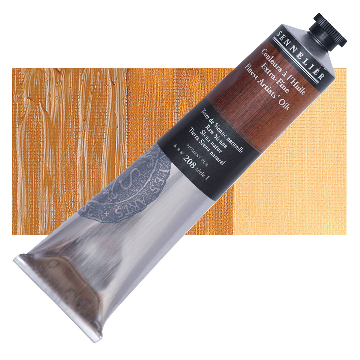 Sennelier Artists' Extra Fine Oil Paint - Raw Sienna, 200 ml tube and swatch
