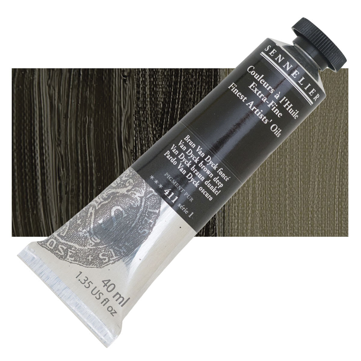 Sennelier Artists' Extra Fine Oil Paint - Van Dyck Brown Deep, 40 ml tube and swatch