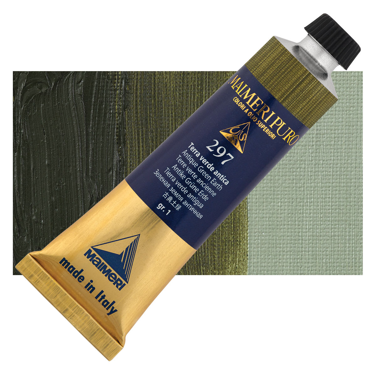 Maimeri Puro Oil Color - Antique Green Earth, 40 ml Tube and swatch