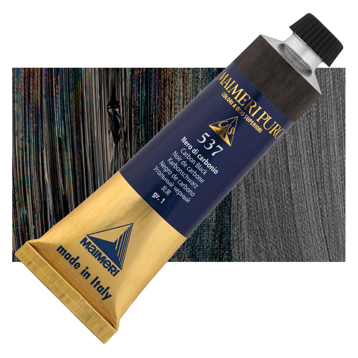 Maimeri Puro Oil Color - Carbon Black, 40 ml tube and swatch