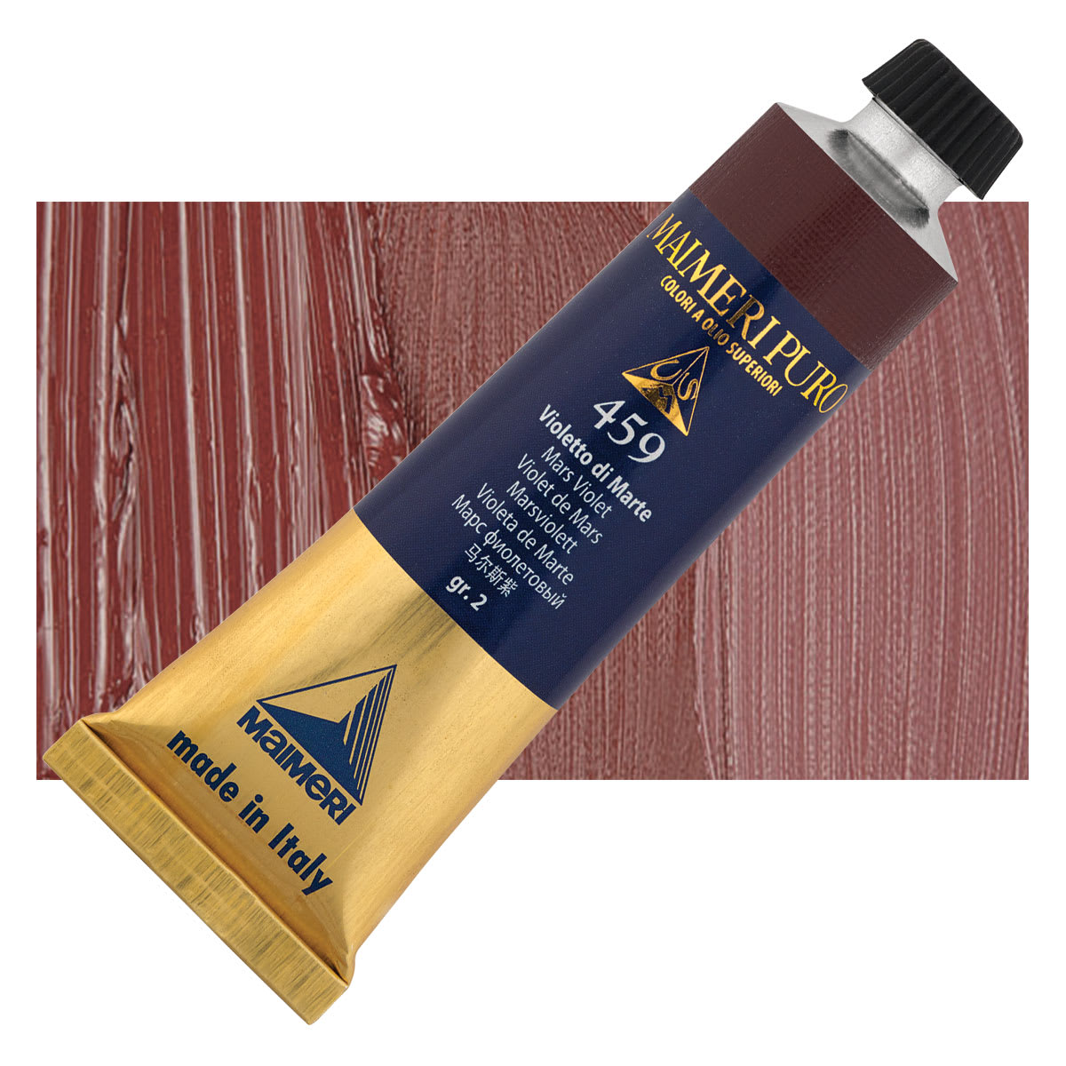 Maimeri Puro Oil Color - Mars Violet, 40 ml tube and swatch