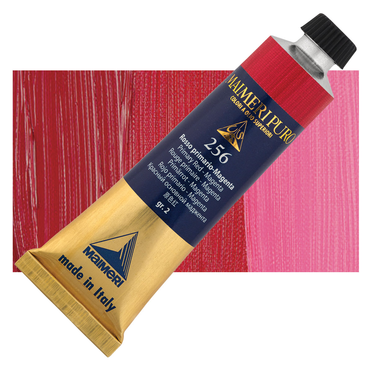Maimeri Puro Oil Color - Primary Red - Magenta, 40 ml tube and swatch