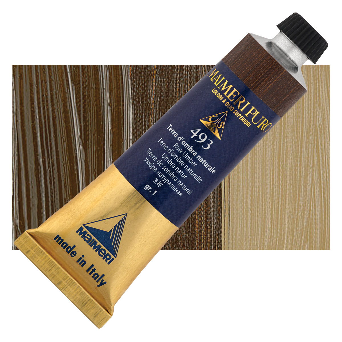 Maimeri Puro Oil Color - Raw Umber, 40 ml tube and swatch