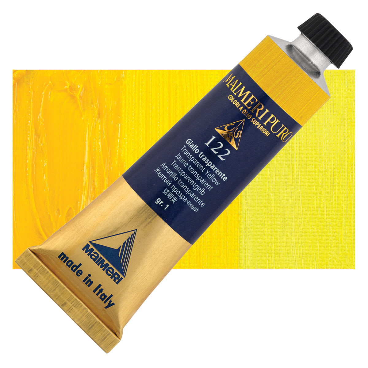 Maimeri Puro Oil Color - Transparent Yellow, 40 ml Tube and swatch