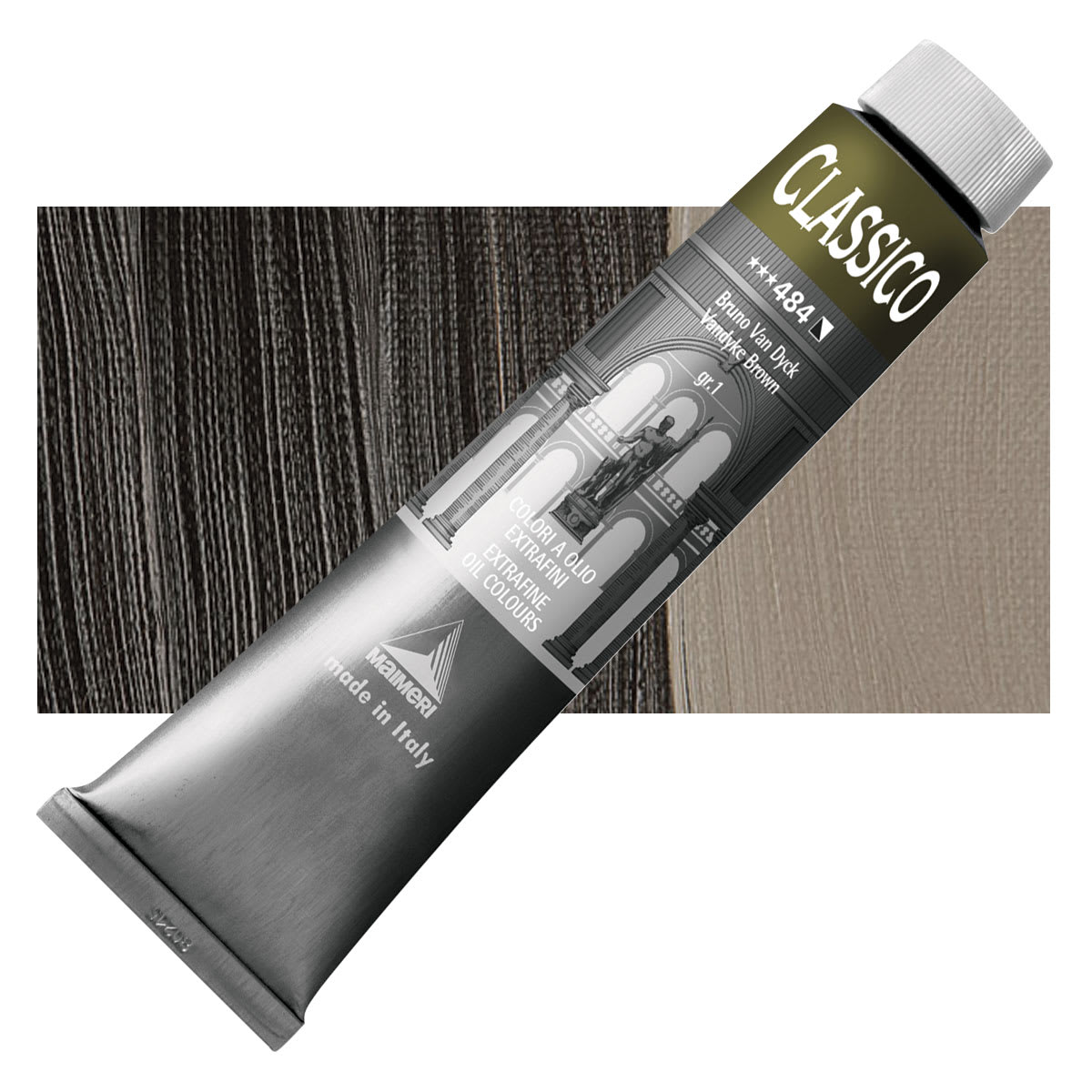 Maimeri Classico Oil Color - Vandyke Brown, 200 ml tube and swatch
