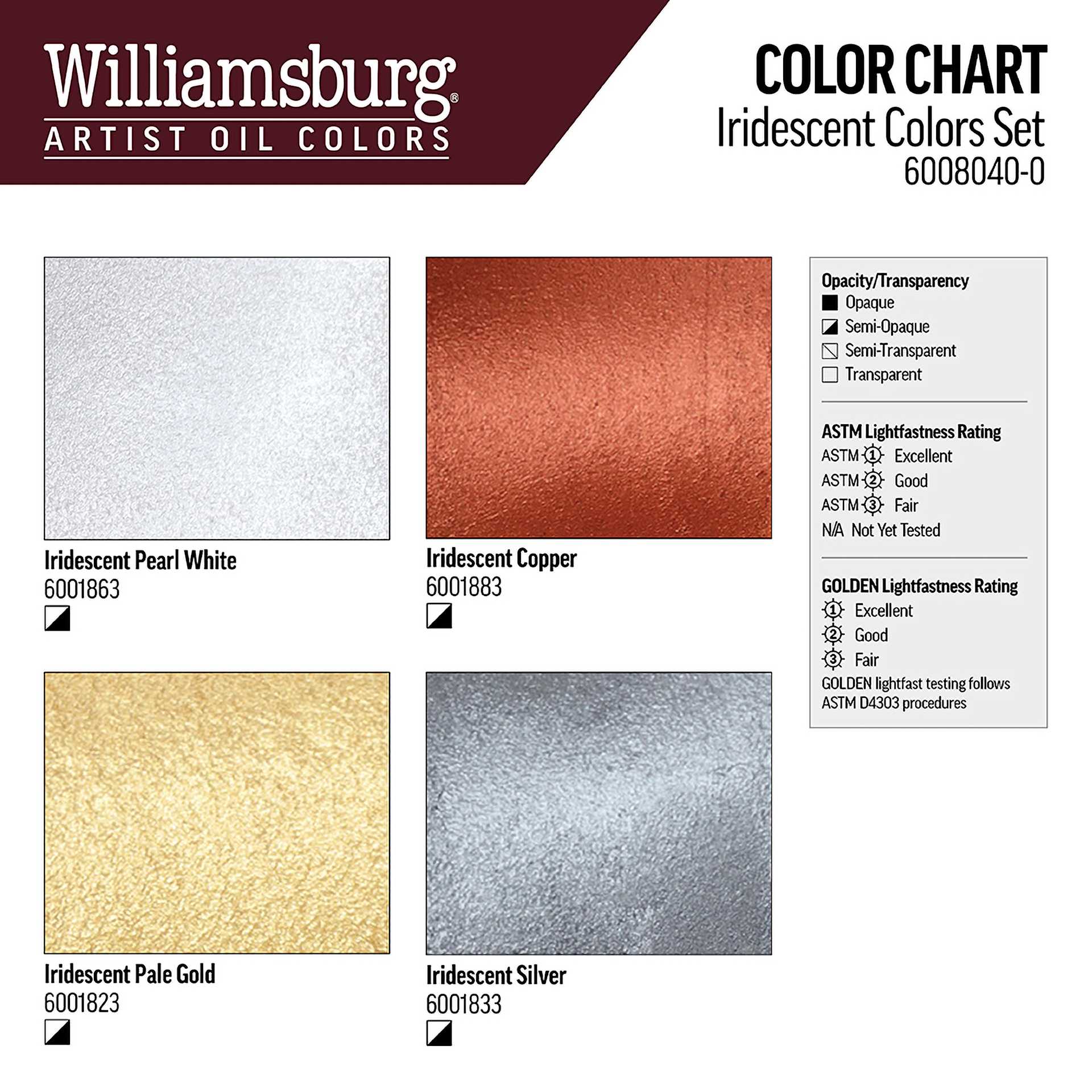 Williamsburg Handmade Oil Paints - Set of 4, Iridescent, 37 ml Tubes, swatches