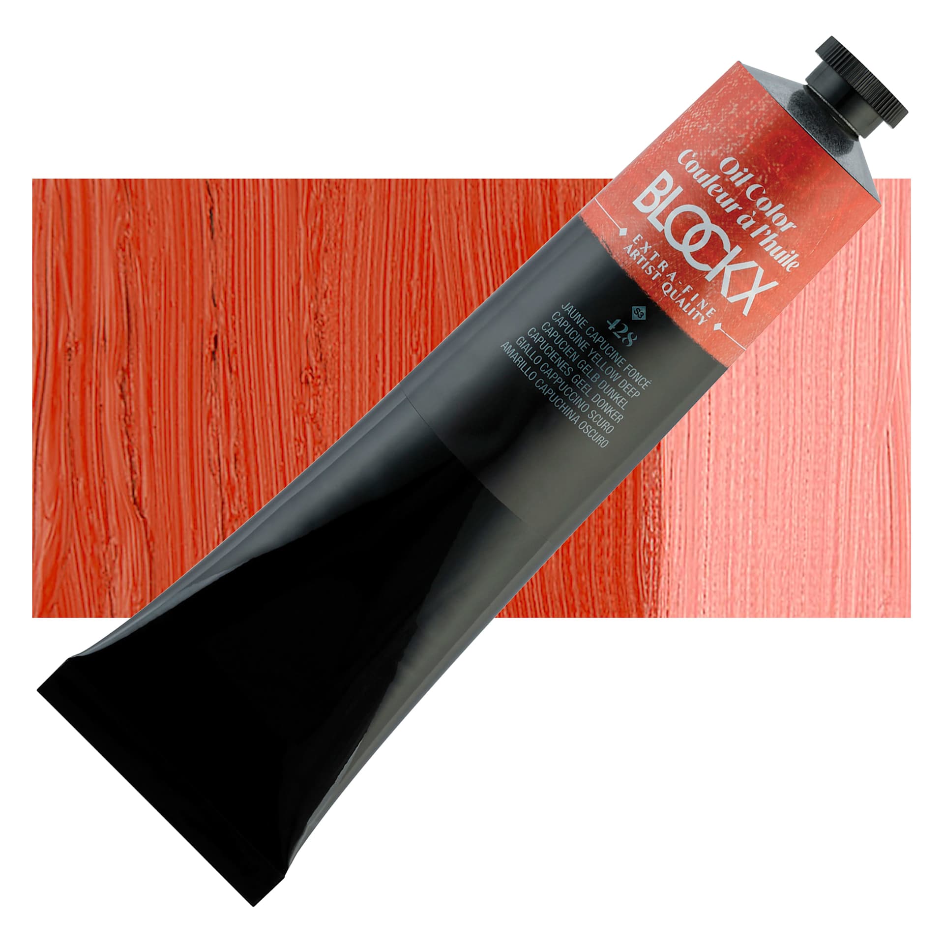 Blockx Artist Oil Color - Capucine Yellow Deep, 200 ml Tube and swatch