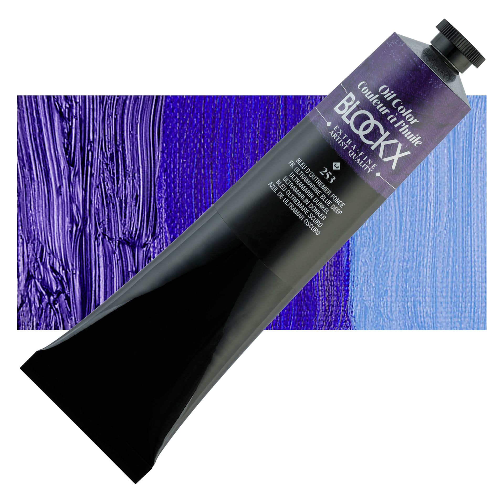Blockx Artist Oil Color - French Ultramarine Blue Deep, 200 ml tube and swatch