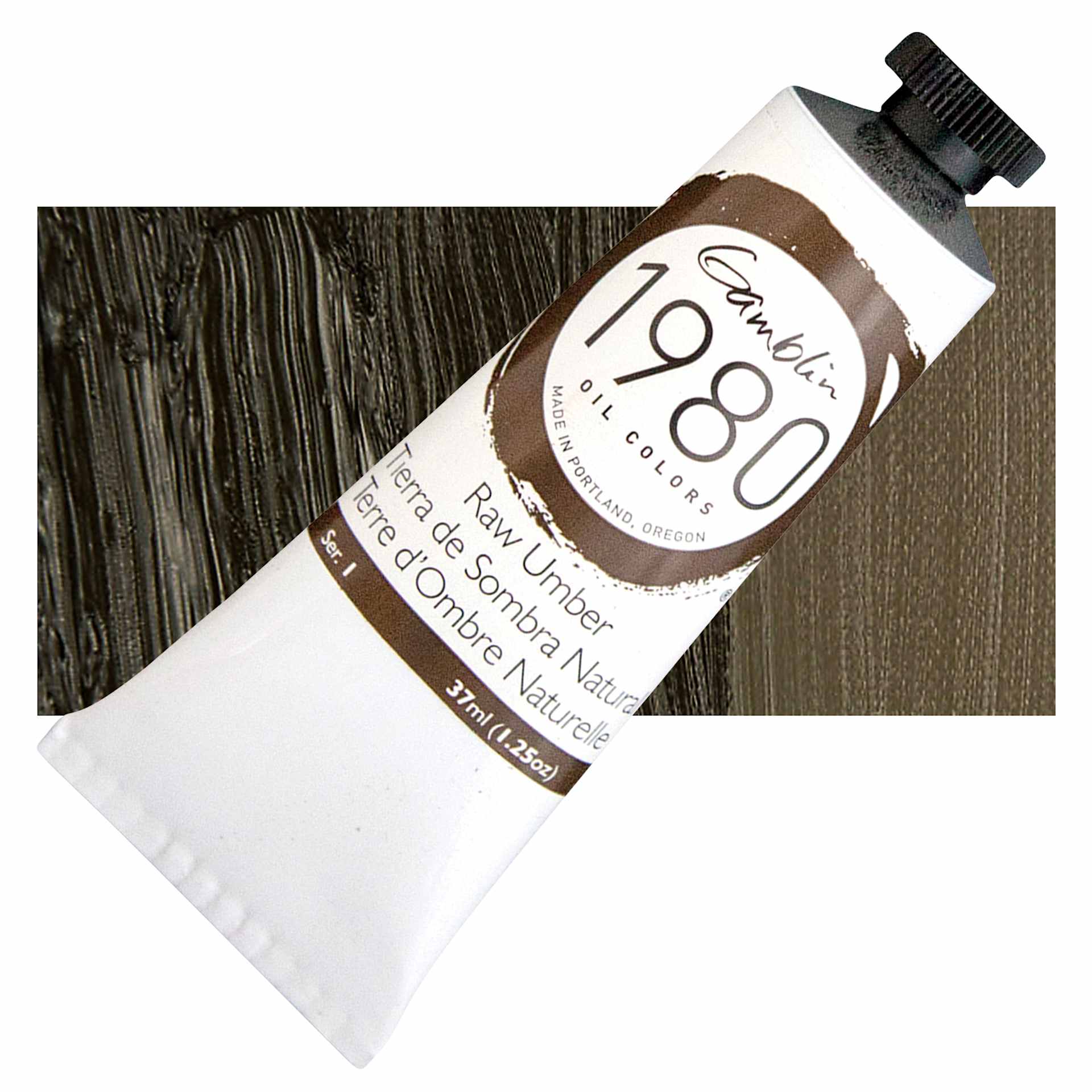 Gamblin 1980 Oil Paint - Raw Umber, 37 ml tube and swatch