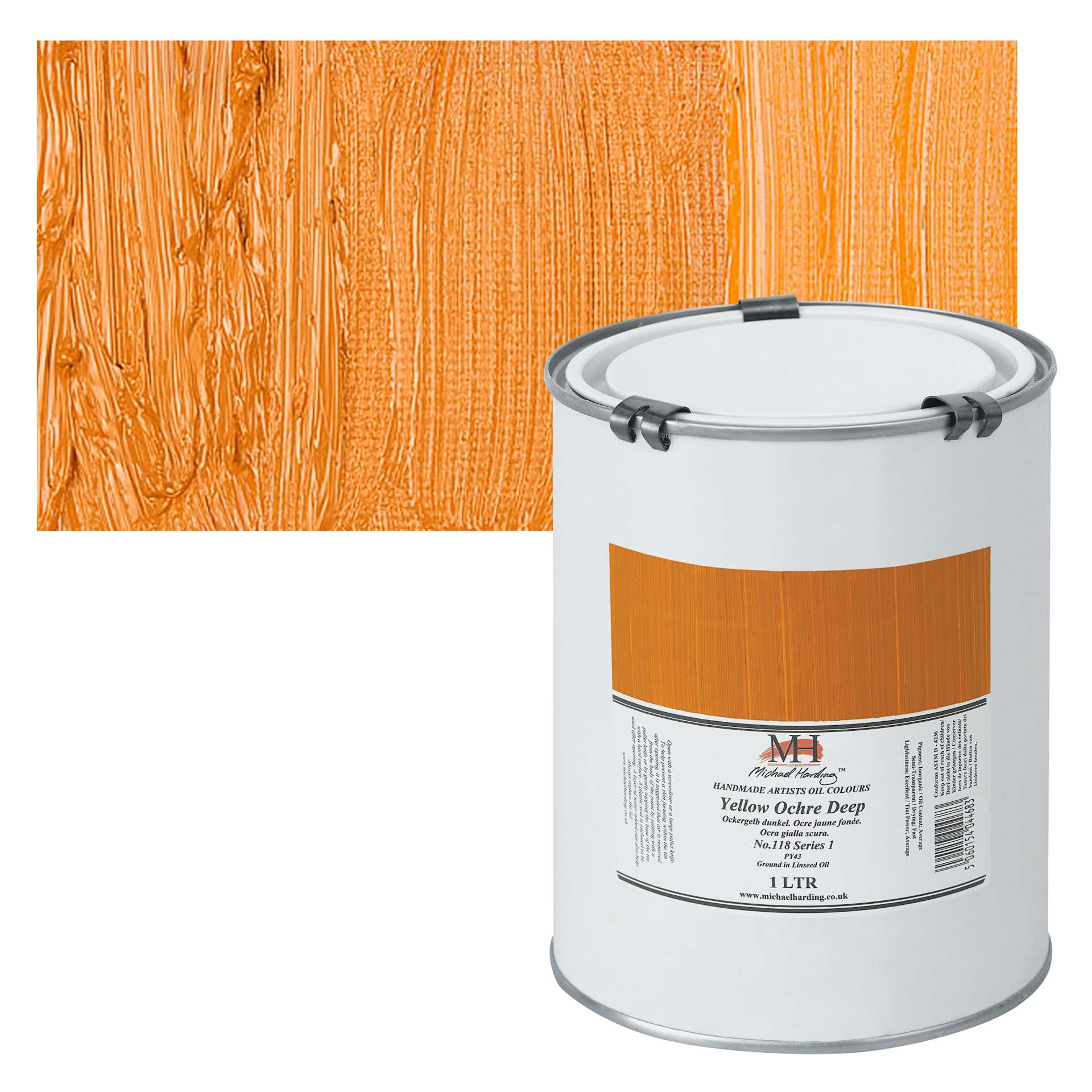 Michael Harding Artists Oil Paint - Yellow Ochre Deep, 1 Liter and swatch