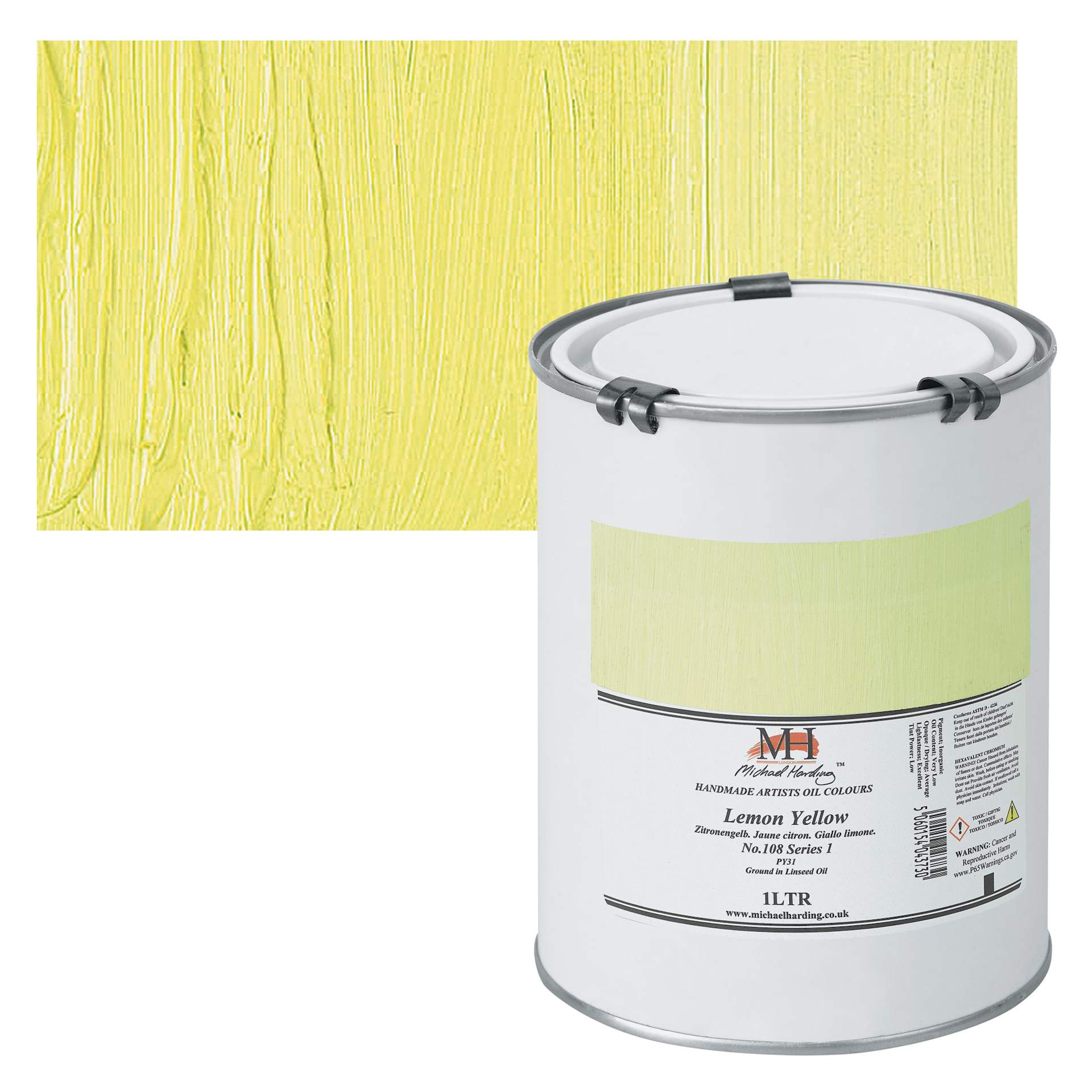 Michael Harding Artists Oil Paint - Lemon Yellow, 1 Liter and swatch