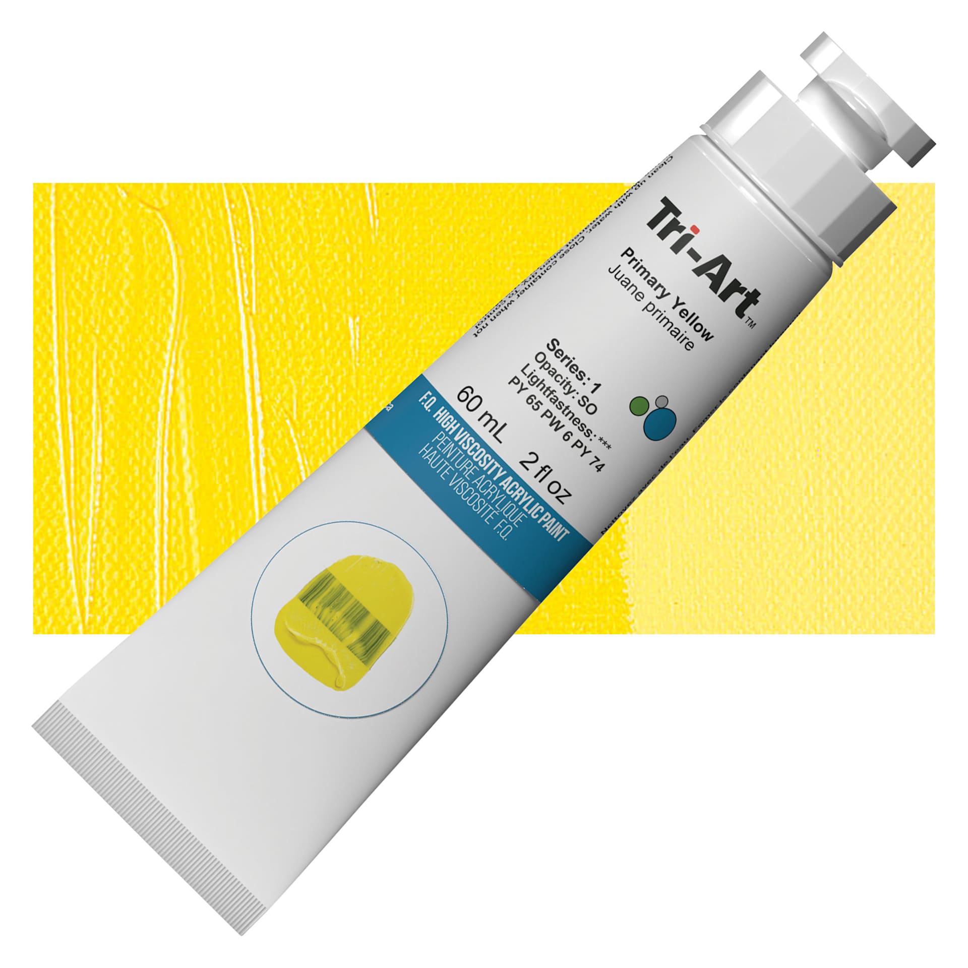 Tri-Art High Viscosity Artist Acrylic - Primary Yellow, 60 ml Tube and swatch