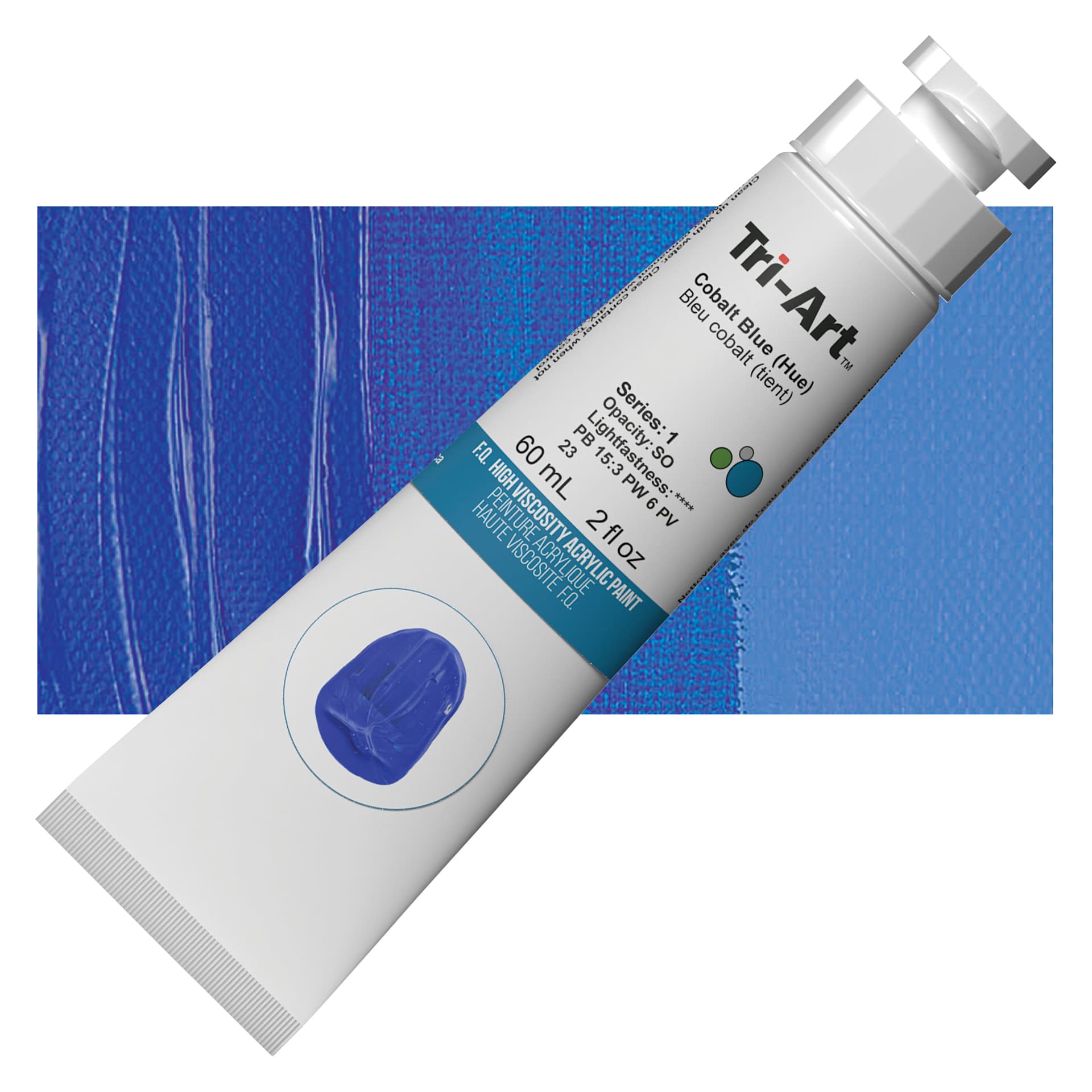 Tri-Art High Viscosity Artist Acrylic - Cobalt Blue (Hue), 60 ml tube and swatch