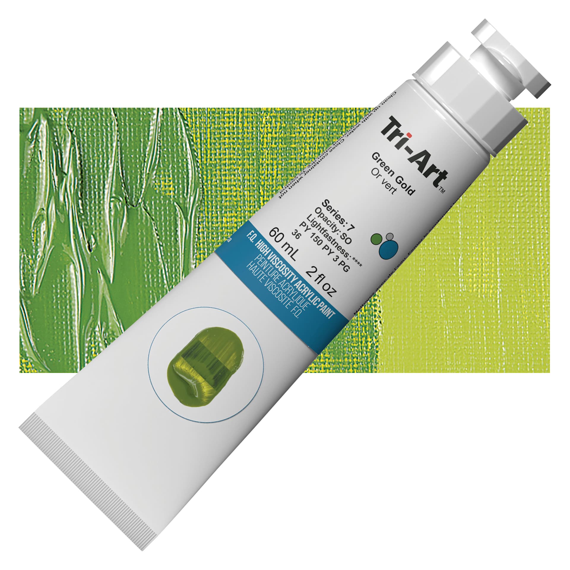 Tri-Art High Viscosity Artist Acrylic - Green Gold, 60 ml tube and swatch
