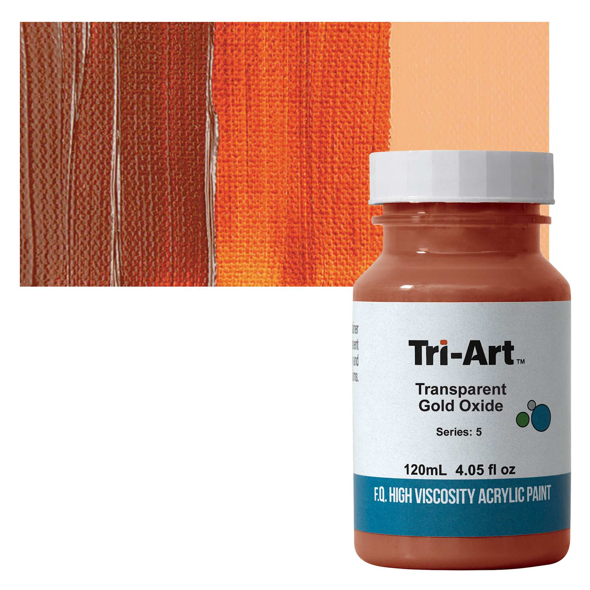 Tri-Art High Viscosity Artist Acrylic - Transparent Gold Oxide, 120 ml jar and swatch