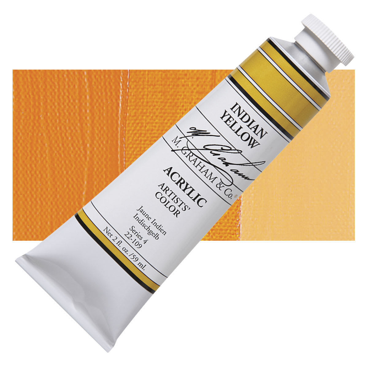 M. Graham Artists' Acrylic - Indian Yellow, 59 ml tube and swatch