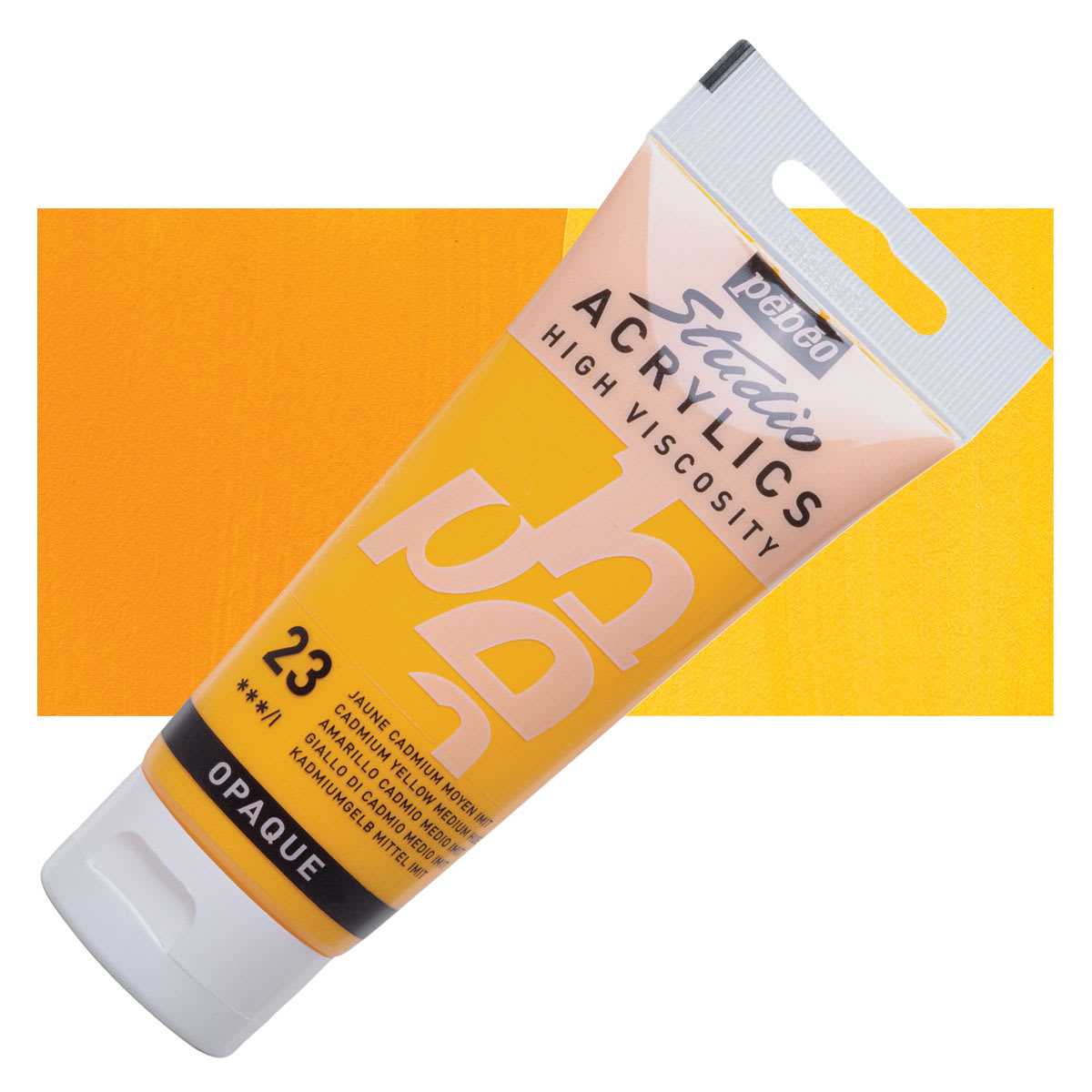 Pebeo High Viscosity Acrylic - Cadmium Yellow Medium Hue, 100 ml tube and swatch