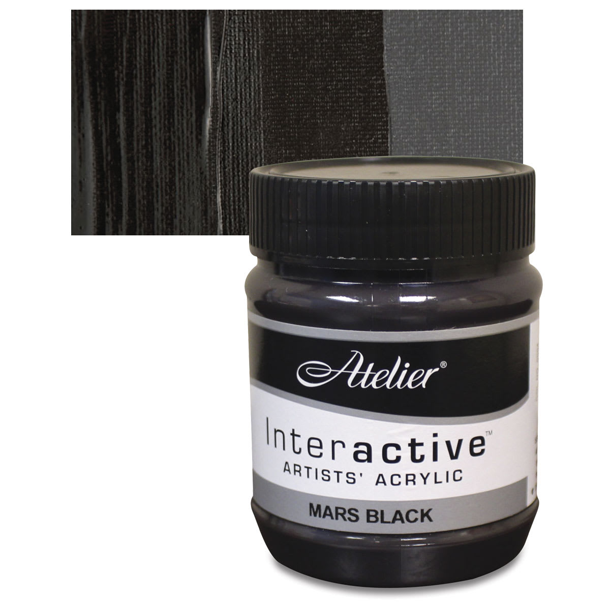 Chroma Atelier Interactive Artists' Acrylic - Mars Black, 250 ml jar and swatch
