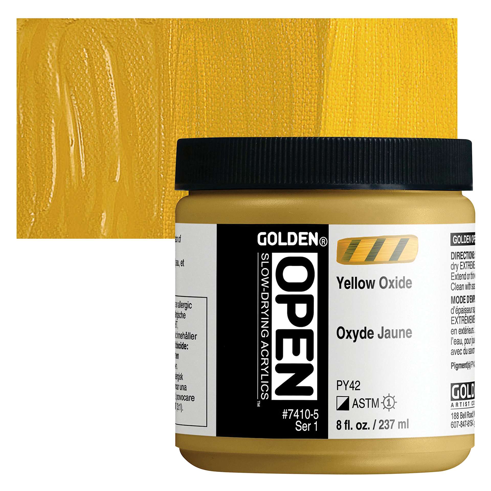 Golden Open Acrylic - Yellow Oxide, 8 oz Jar and swatch