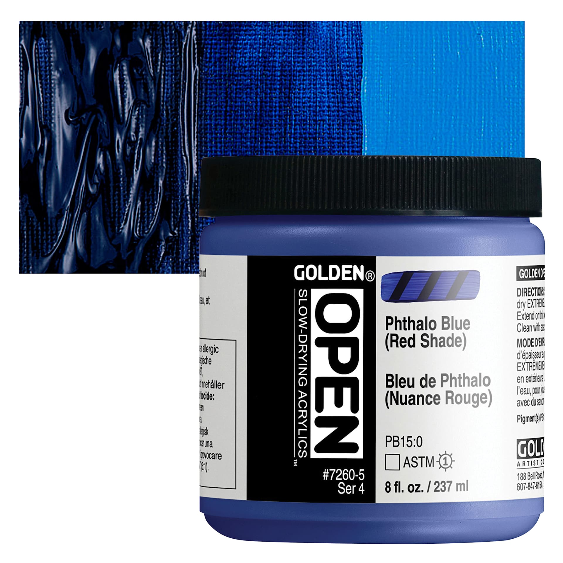 Golden Open Acrylic - Phthalo Blue (Red Shade), 8 oz Jar and swatch