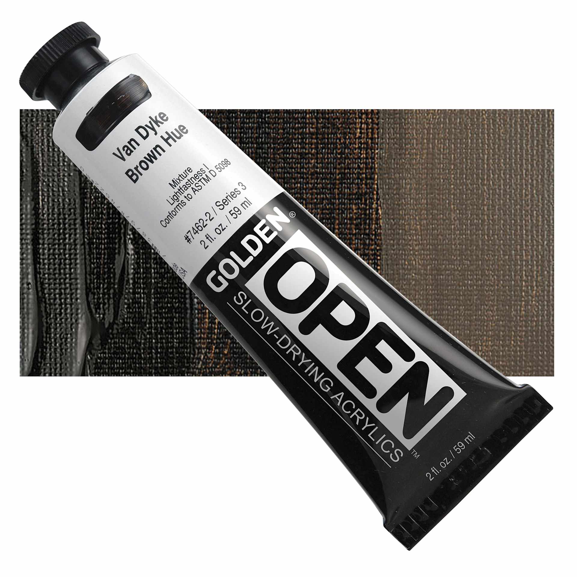 Golden Open Acrylic - VanDyke Brown Hue, 2 oz Tube and swatch