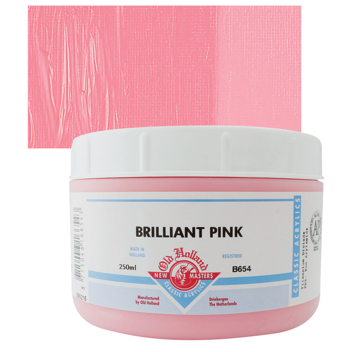 Old Holland New Masters Classic Acrylic Paint - Brilliant Pink, 250 ml jar and swatch