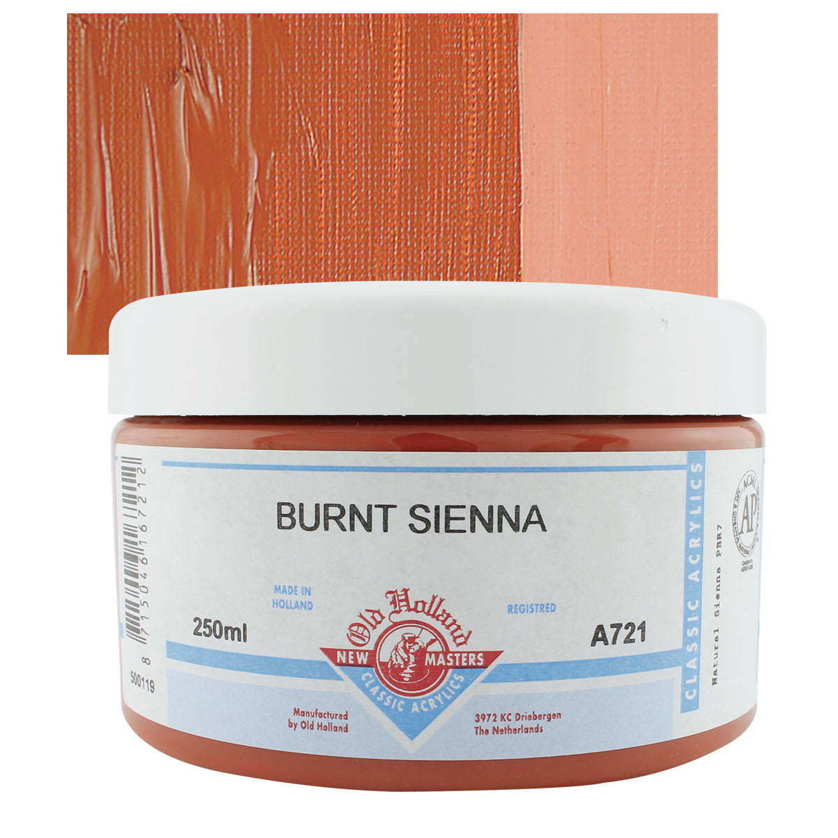 Old Holland New Masters Classic Acrylic Paint - Burnt Sienna, 250 ml jar and swatch