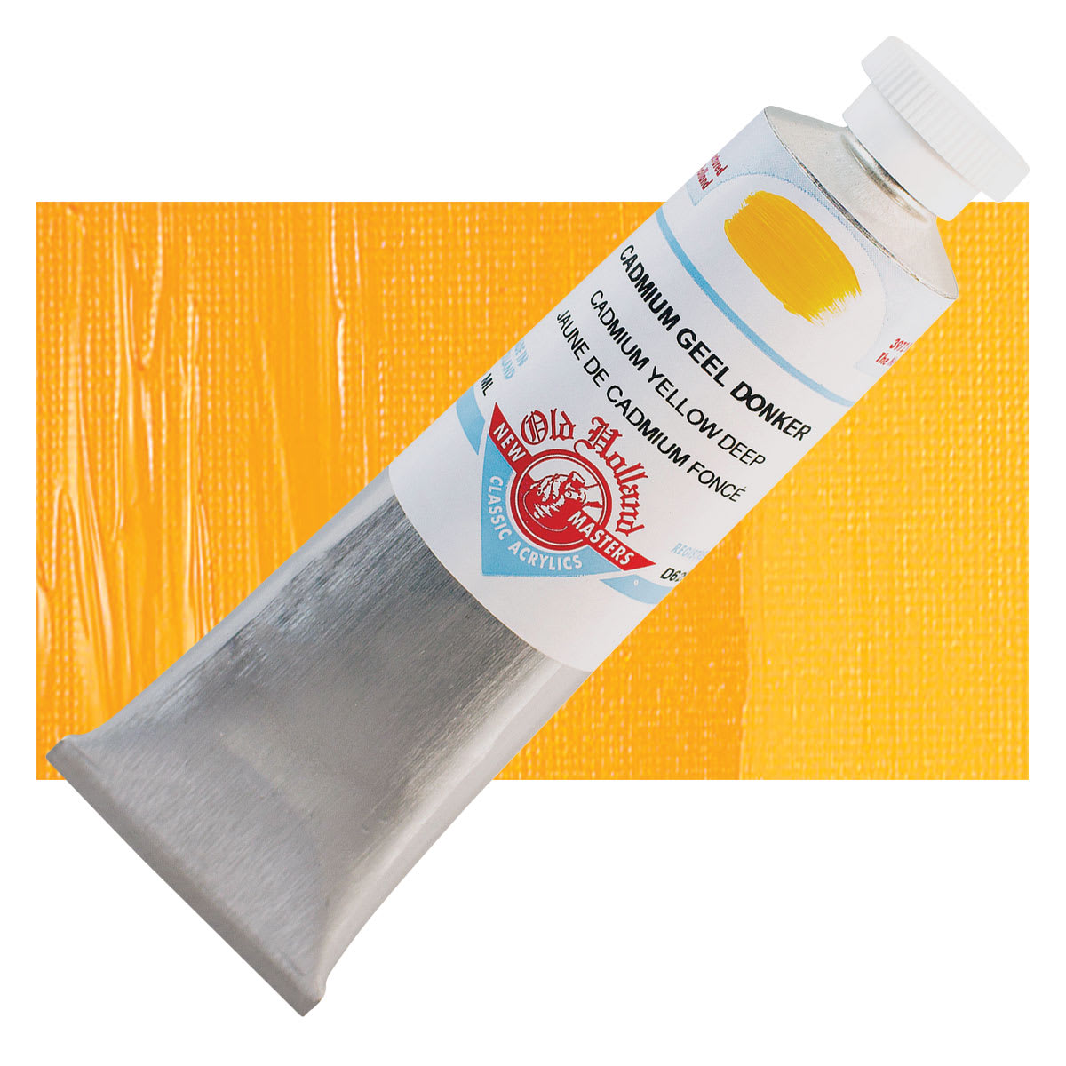 Old Holland New Masters Classic Acrylic Paint - Cadmium Yellow Deep, 60 ml tube and swatch