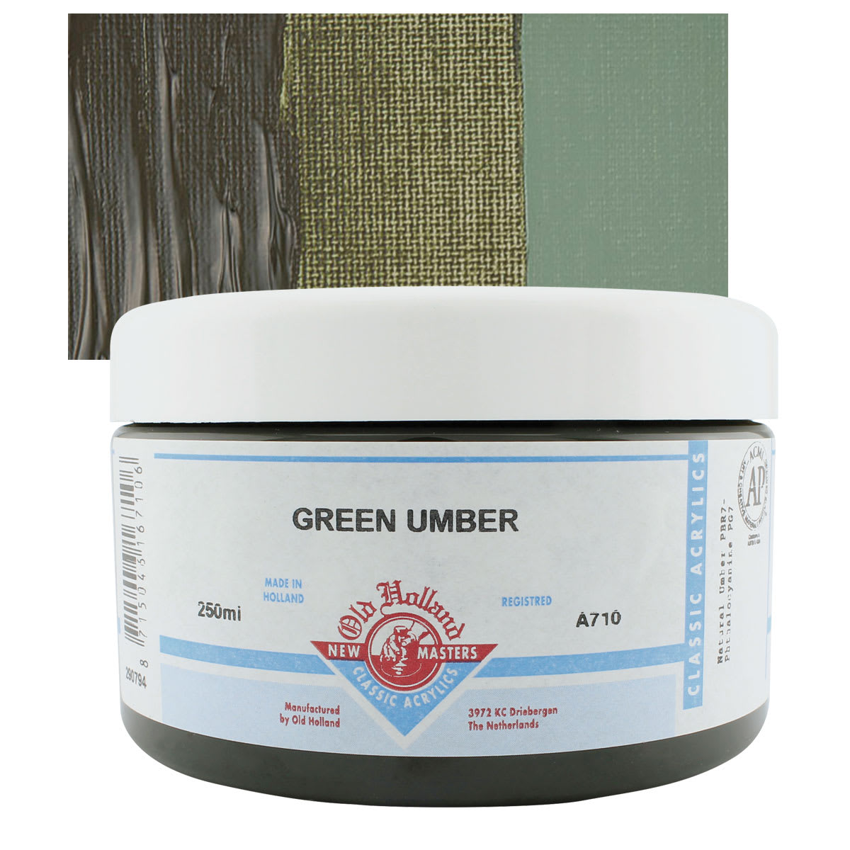 Old Holland New Masters Classic Acrylic Paint - Green Umber, 250 ml jar and swatch