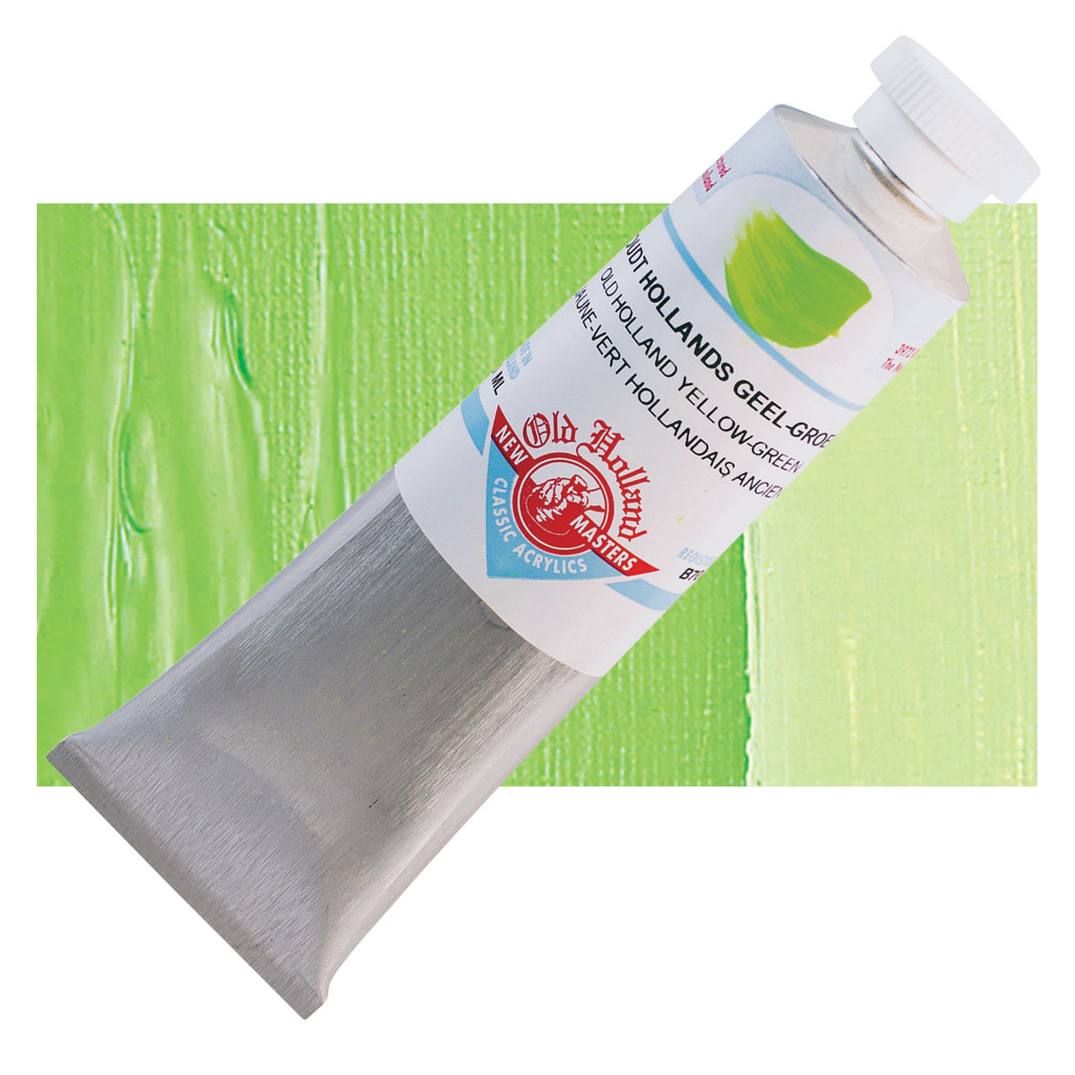 Old Holland New Masters Classic Acrylic Paint - Old Holland Yellow Green, 60 ml tube and swatch