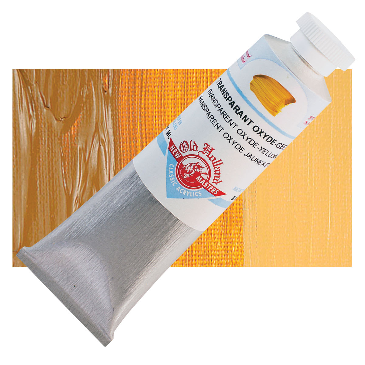 Old Holland New Masters Classic Acrylic Paint - Transparent Oxide Yellow, 60 ml tube and swatch
