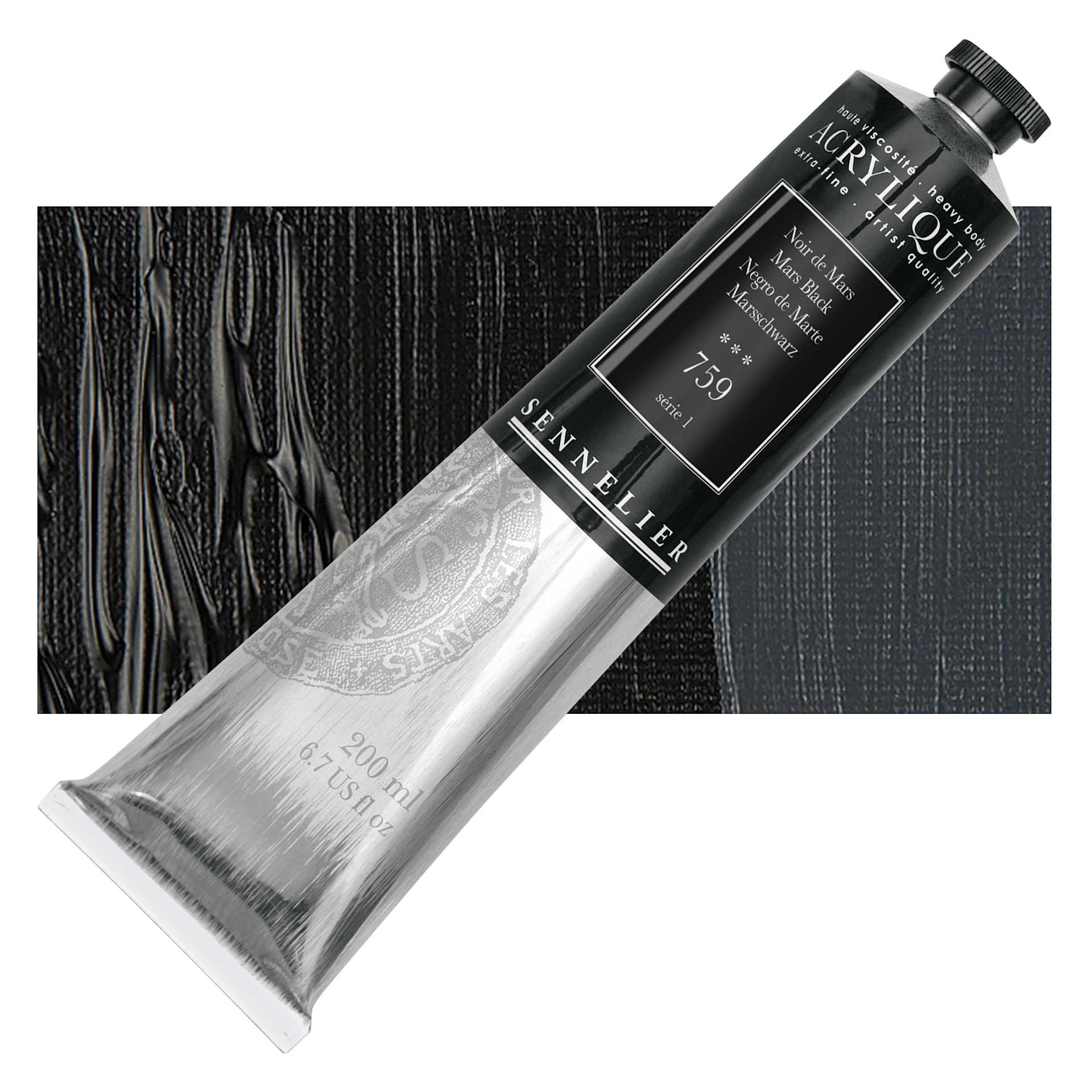 Sennelier Extra-Fine Artist Acrylique - Mars Black, 200 ml tube and swatch