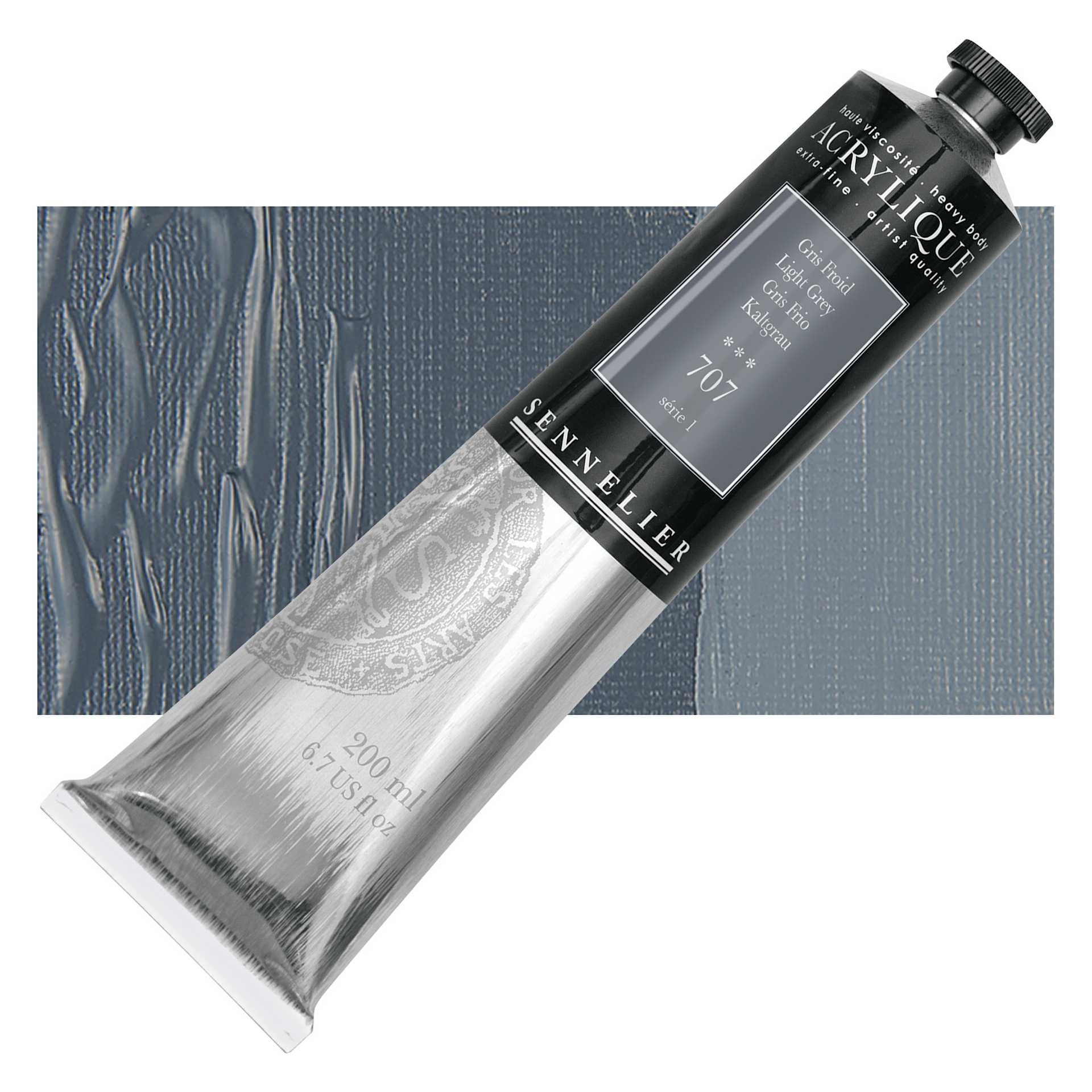 Sennelier Extra-Fine Artist Acrylique - Light Gray, 200 ml tube and swatch