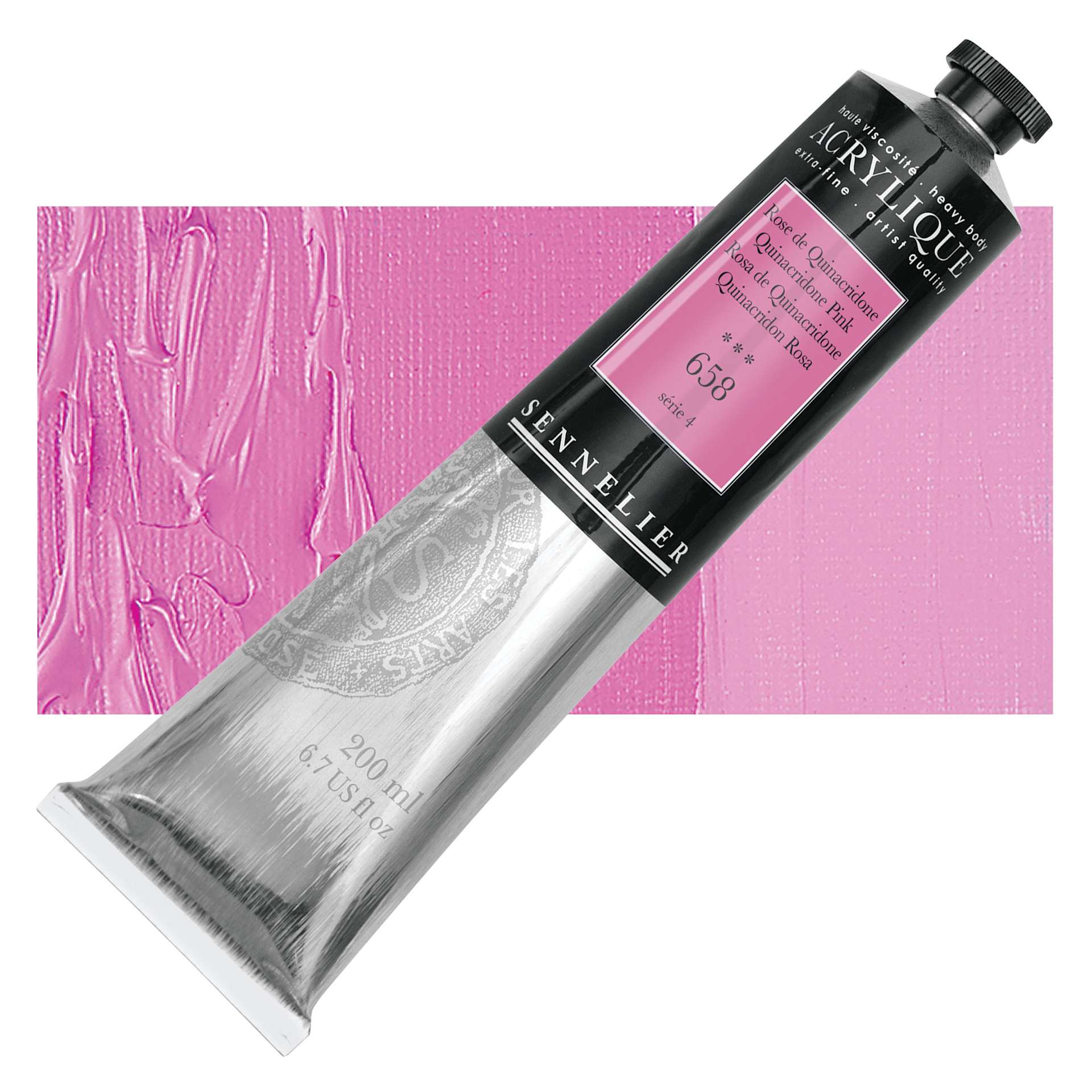 Sennelier Extra-Fine Artist Acrylique - Quinacridone Pink, 200 ml tube and swatch