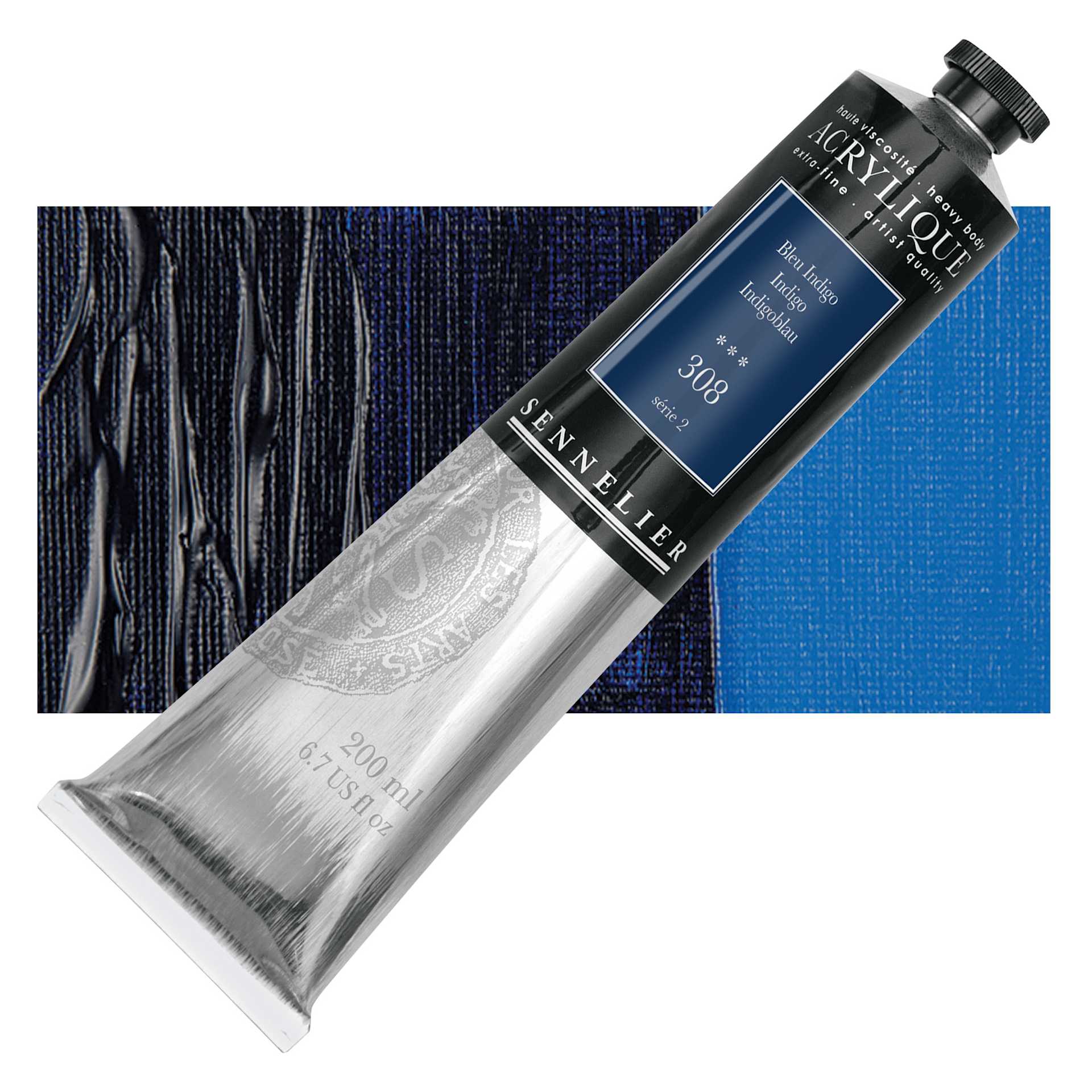 Sennelier Extra-Fine Artist Acrylique - Indigo, 200 ml tube and swatch