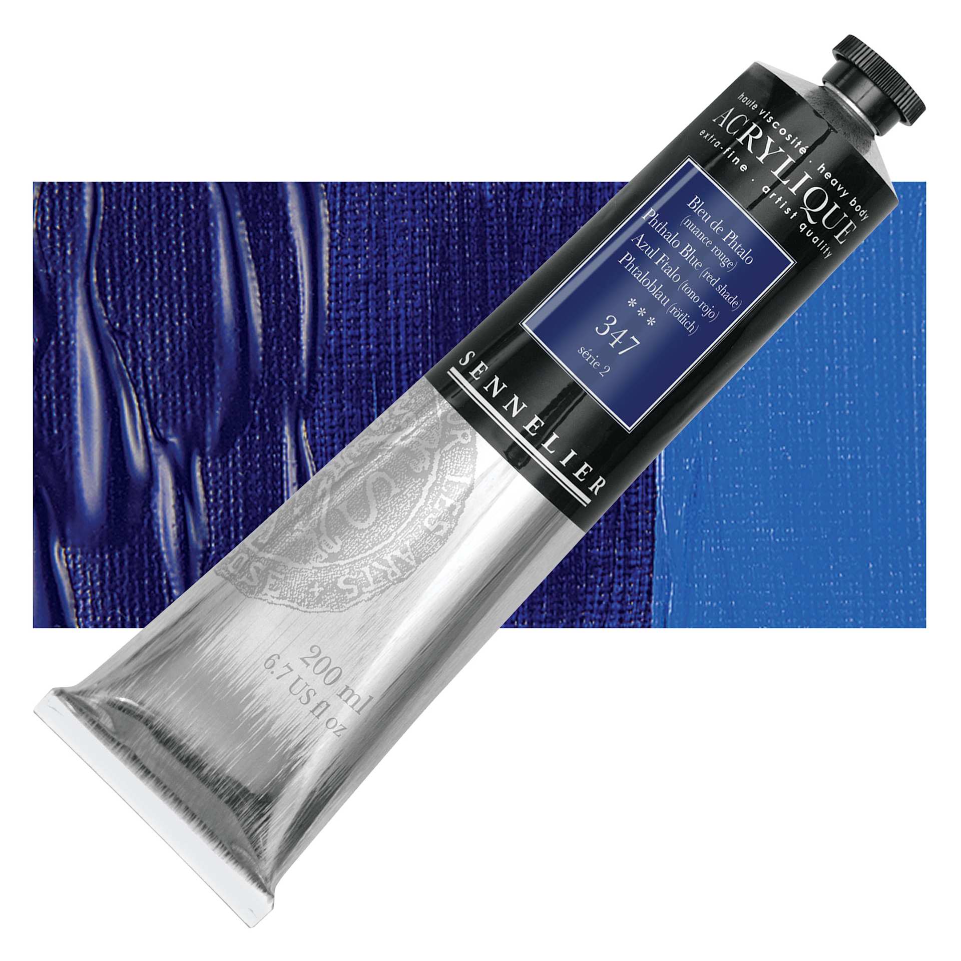 Sennelier Extra-Fine Artist Acrylique - Phthalo Blue (Red Shade), 200 ml tube and swatch