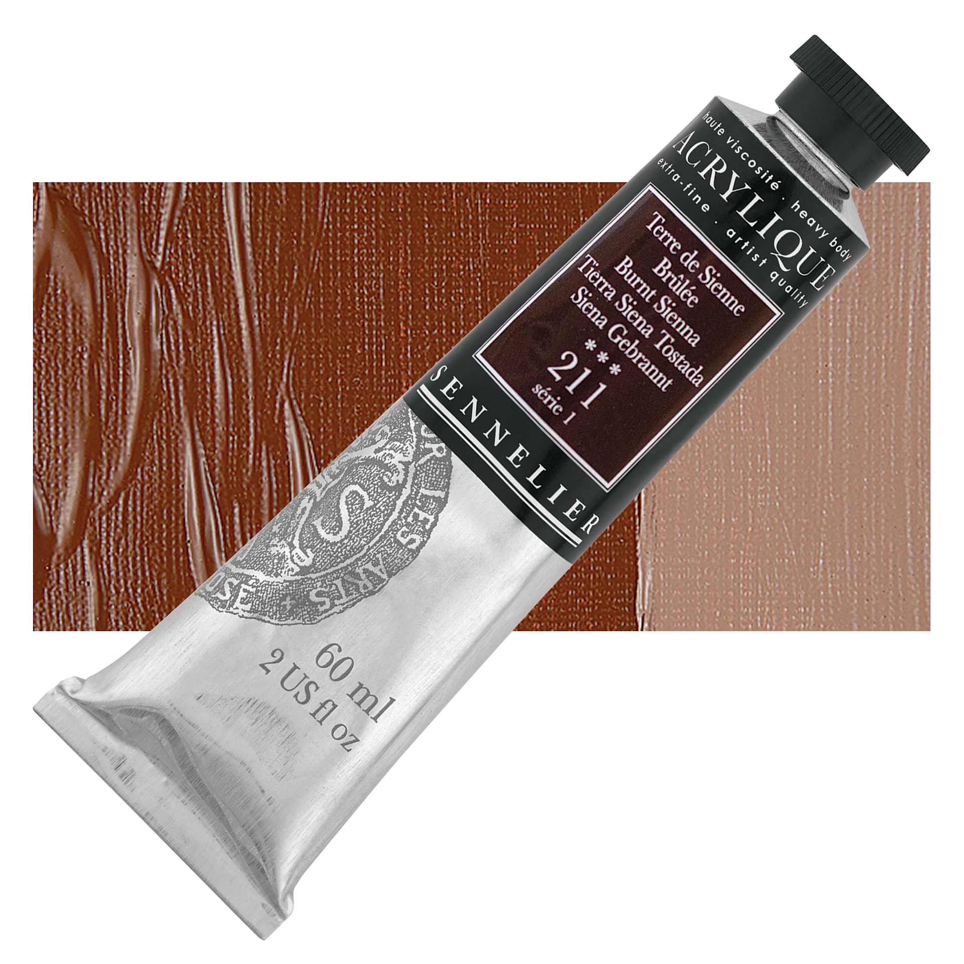 Sennelier Extra-Fine Artist Acrylique - Burnt Sienna, 60 ml tube and swatch