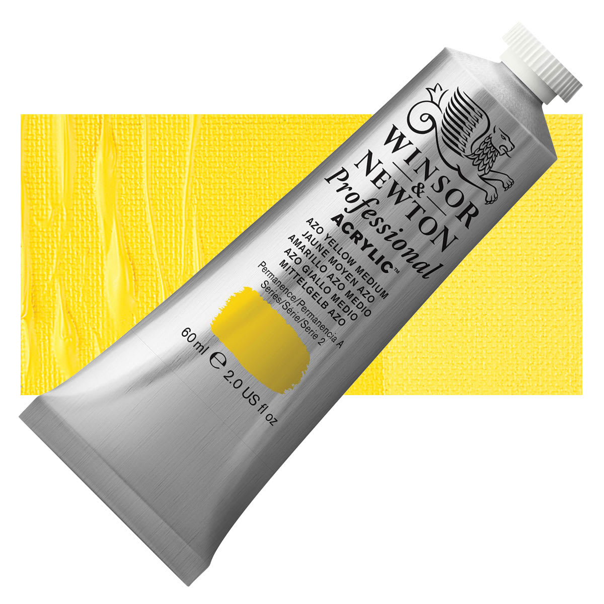 Winsor & Newton Professional Acrylic Paint - Azo Yellow Medium, 60 ml tube and swatch