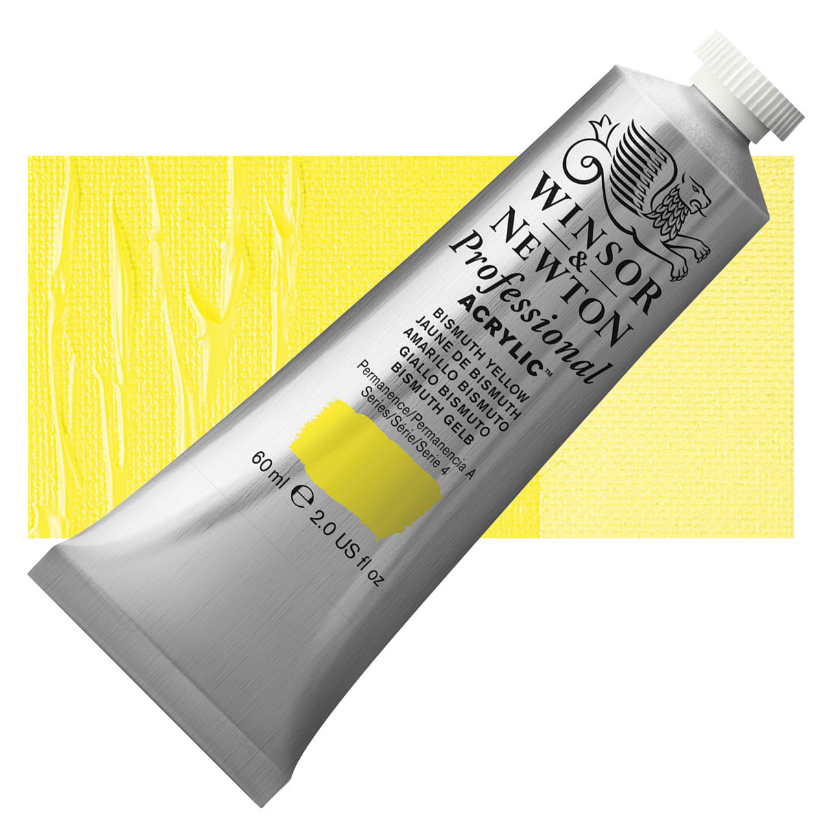 Winsor & Newton Professional Acrylic Paint - Bismuth Yellow, 60 ml tube and swatch