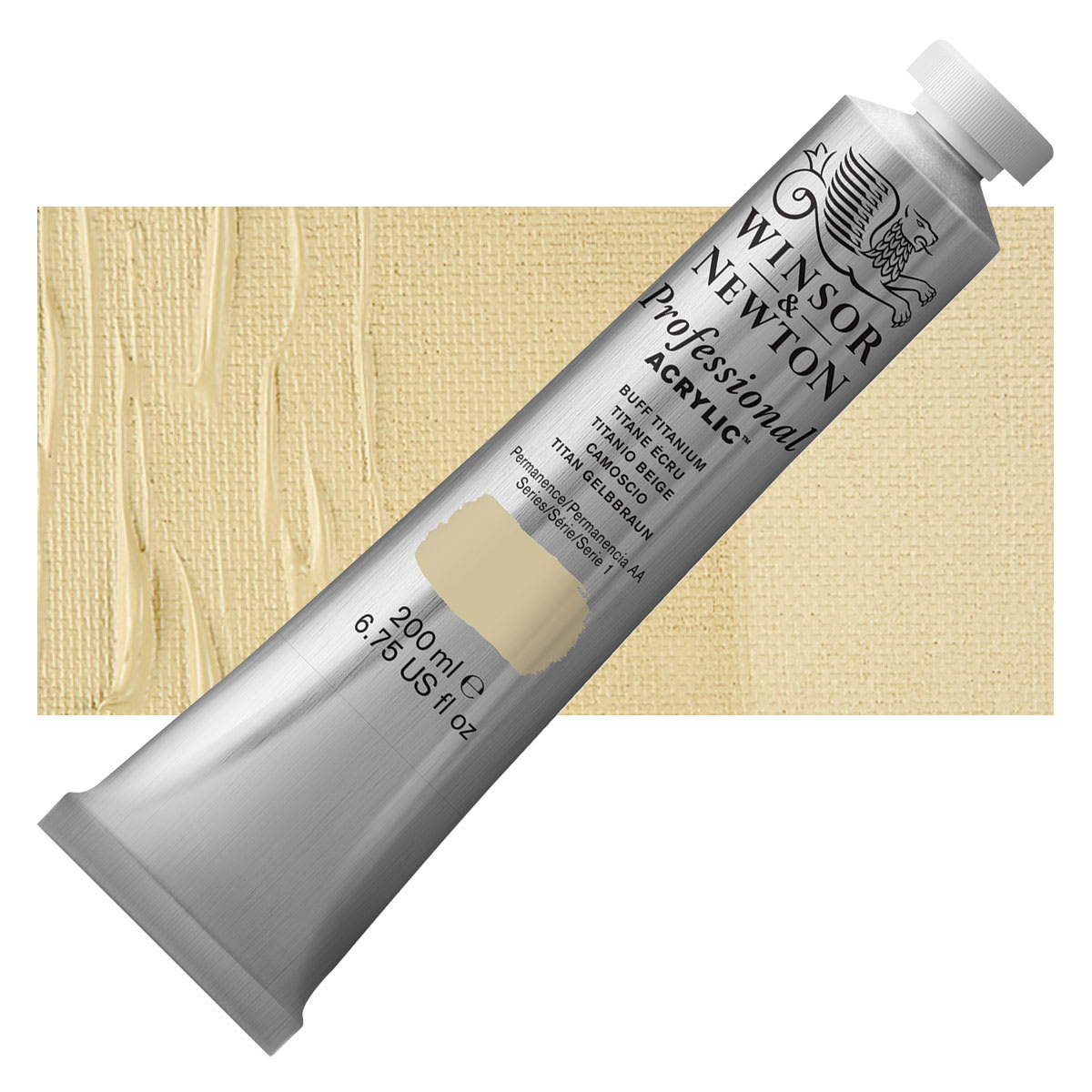 Winsor & Newton Professional Acrylic Paint - Buff Titanium, 200 ml tube and swatch