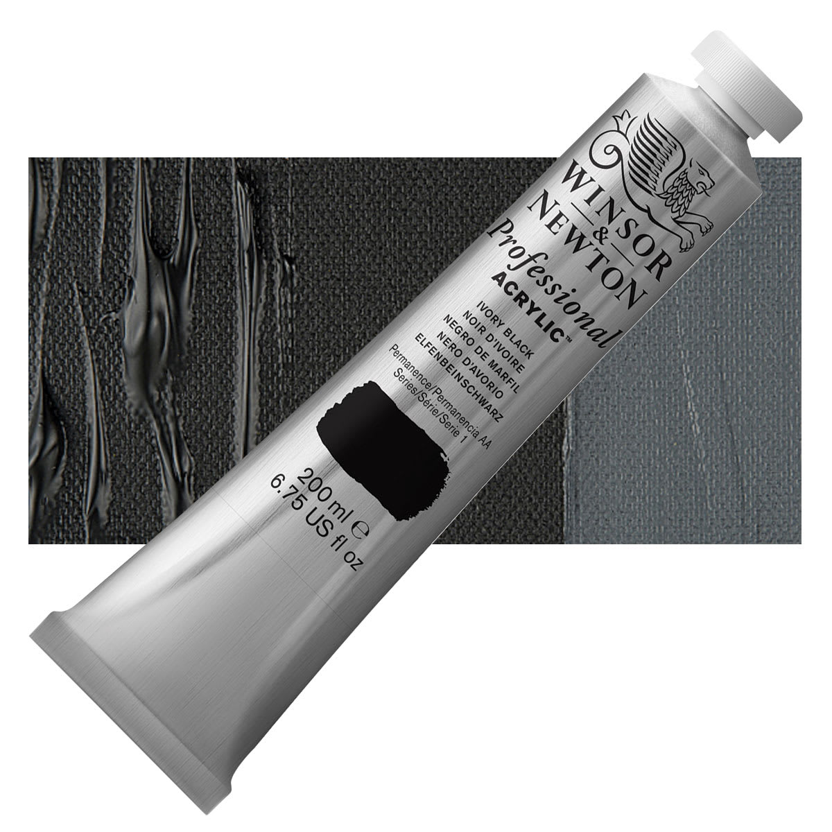 Winsor & Newton Professional Acrylic Paint - Ivory Black, 200 ml tube and swatch