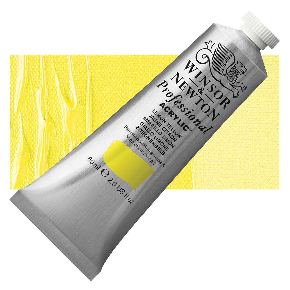 Winsor & Newton Professional Acrylic Paint - Lemon Yellow, 60 ml tube and swatch