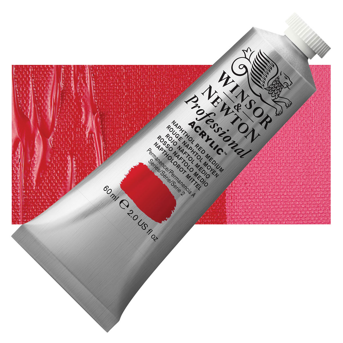 Winsor & Newton Professional Acrylic Paint - Naphthol Red Medium, 60 ml tube and swatch