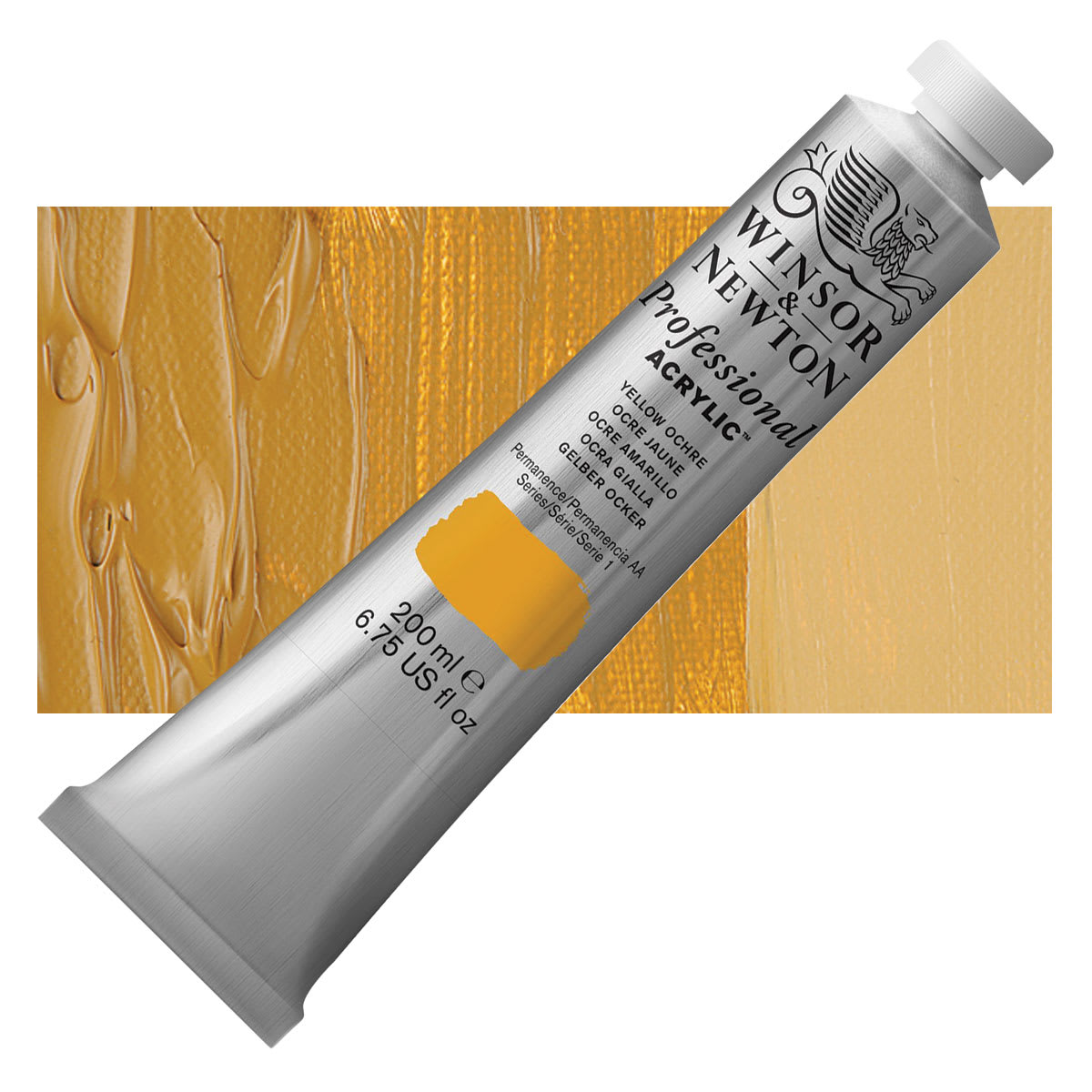 Winsor & Newton Professional Acrylic Paint - Yellow Ochre, 200 ml tube and swatch