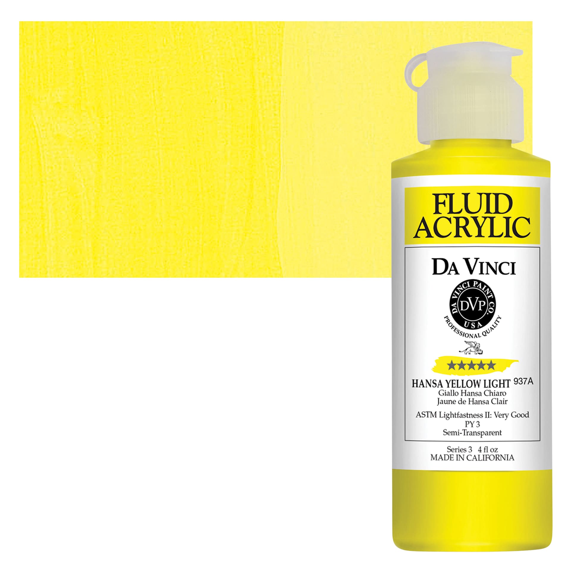 Da Vinci Fluid Acrylic Paint - Hansa Yellow Light, 4 oz bottle and swatch