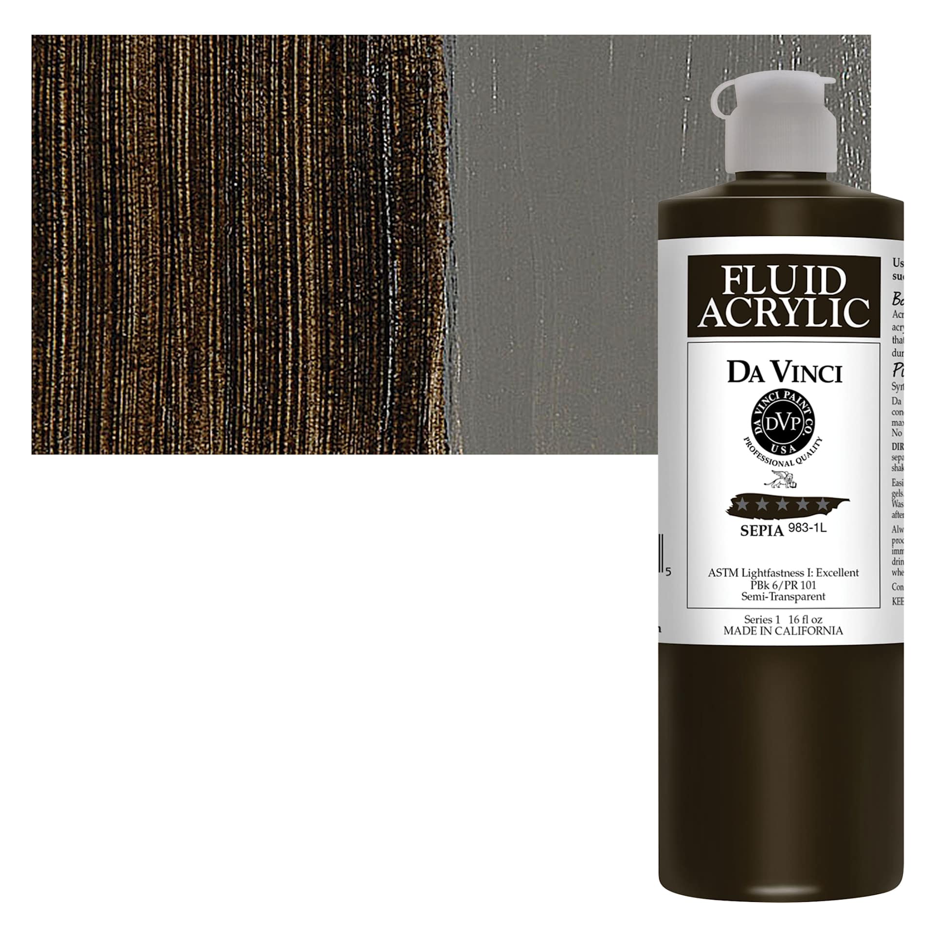 Da Vinci Fluid Acrylic Paint - Sepia, 16 oz bottle and swatch