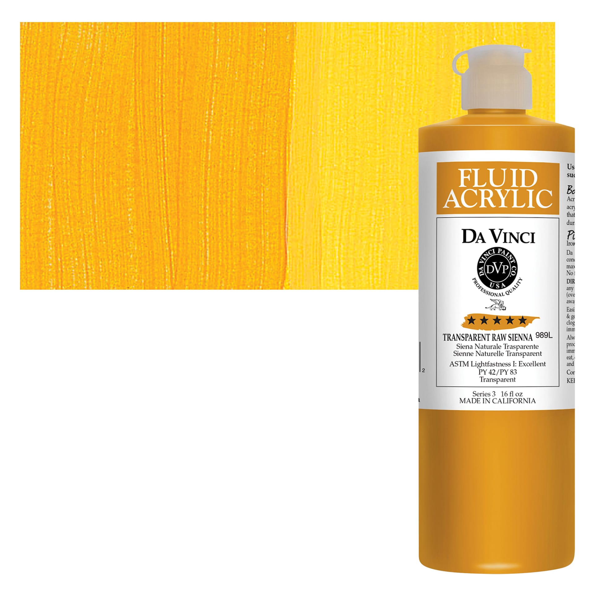 Da Vinci Fluid Acrylic Paint - Transparent Raw Sienna, 16 oz bottle and swatch