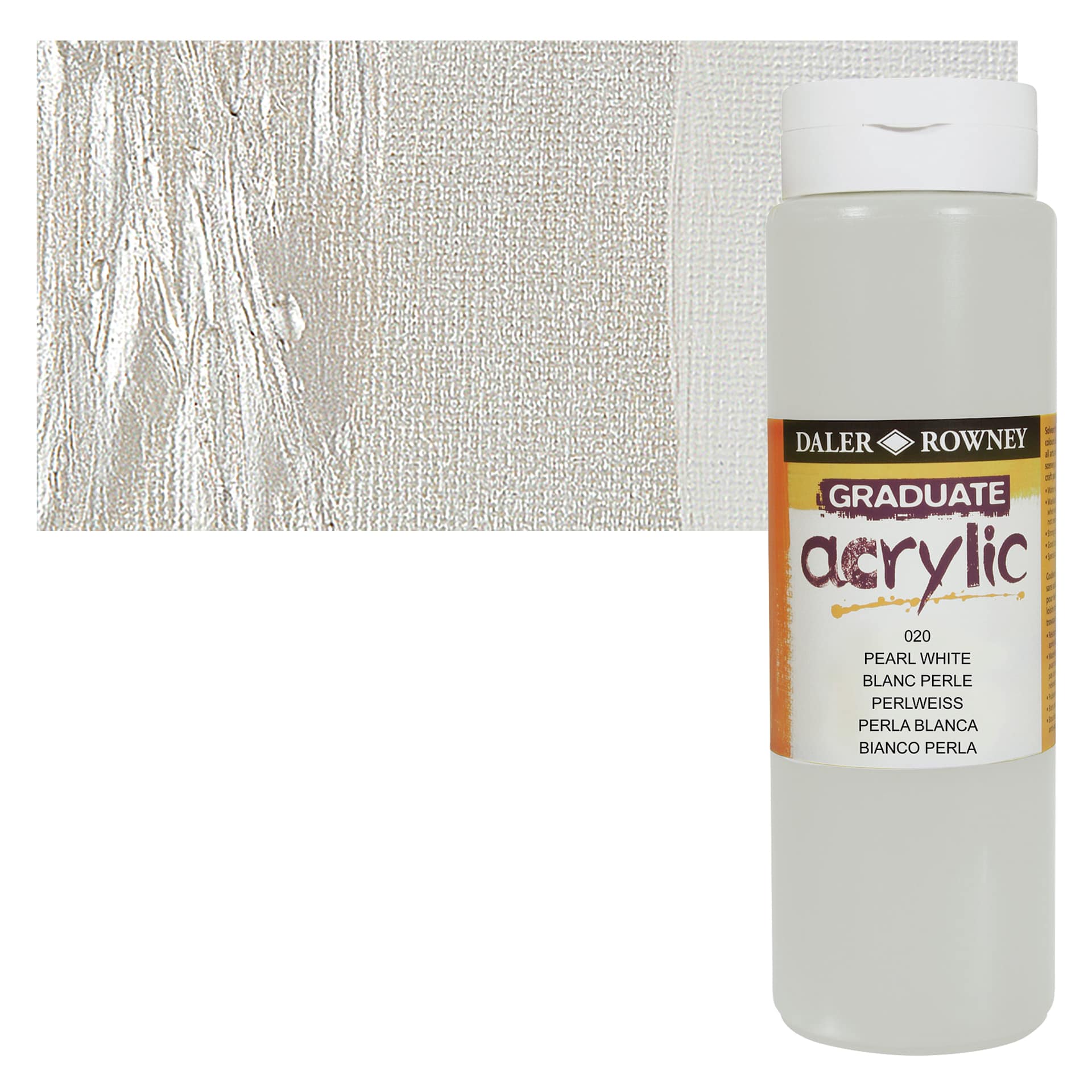 Daler-Rowney Graduate Acrylic Paint - Pearl White, 500 ml bottle and swatch