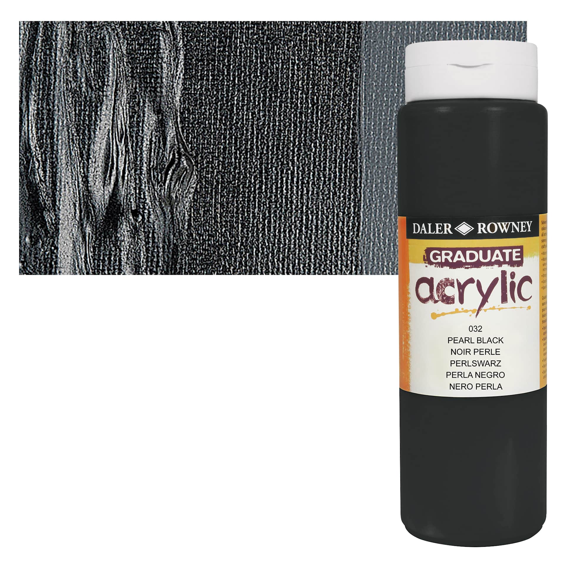 Daler-Rowney Graduate Acrylic Paint - Pearl Black, 500 ml bottle and swatch